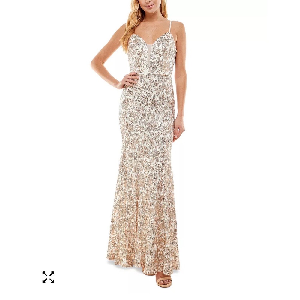 Glam Sequin Mermaid Gown Formal Evening Party Dress Gold Champagne Size 3/4